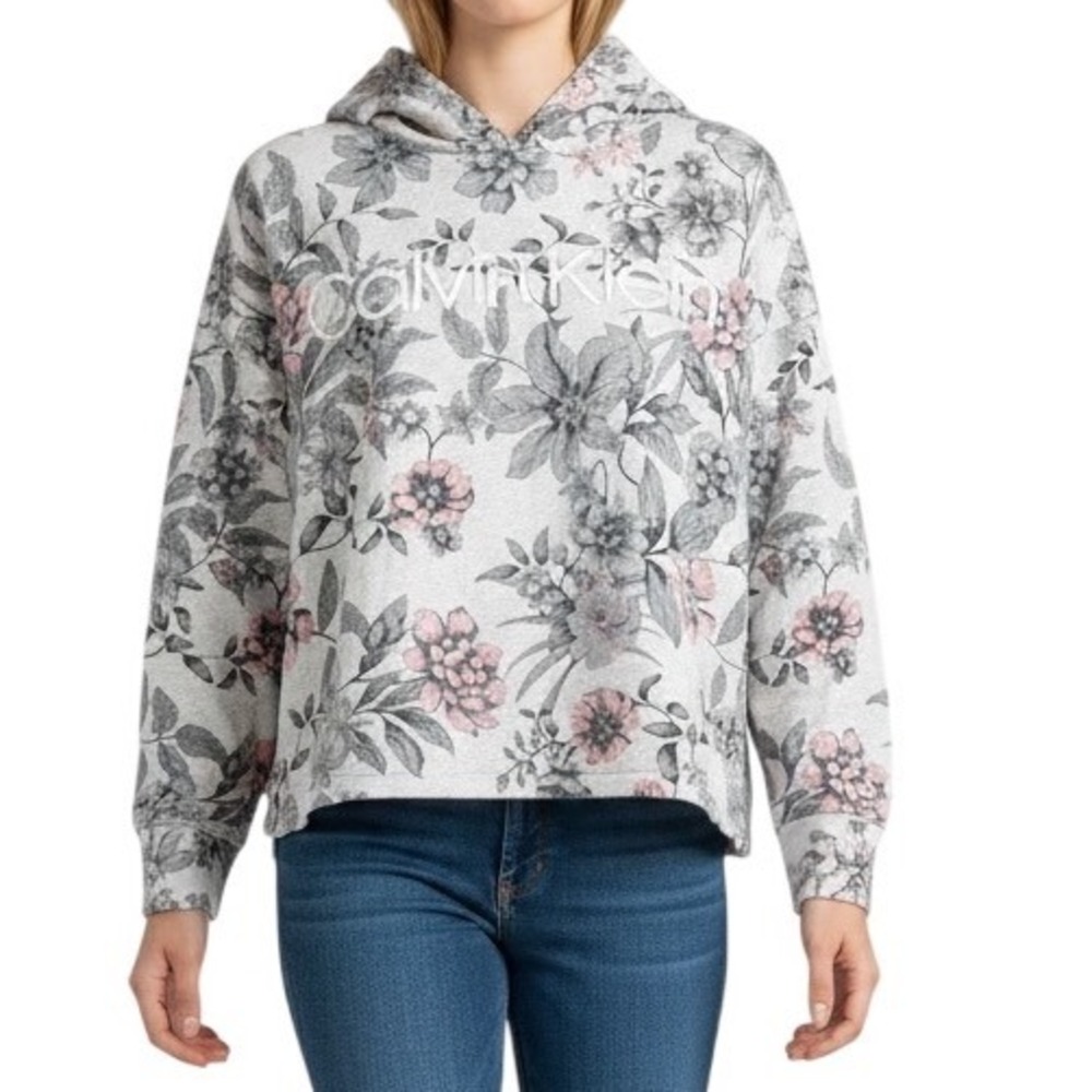 Calvin Klein Performance‎ Floral Hoodie Grey Pink Logo XXL Pullover Sweatshirt